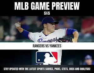 MLB game preview featuring a Texas Rangers pitcher in action against the New York Yankees, with a call to stay updated on scores and analysis.