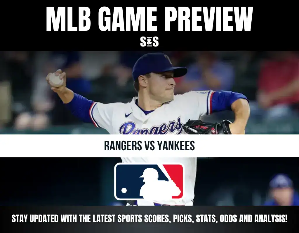 MLB game preview featuring a Texas Rangers pitcher in action against the New York Yankees, with a call to stay updated on scores and analysis.