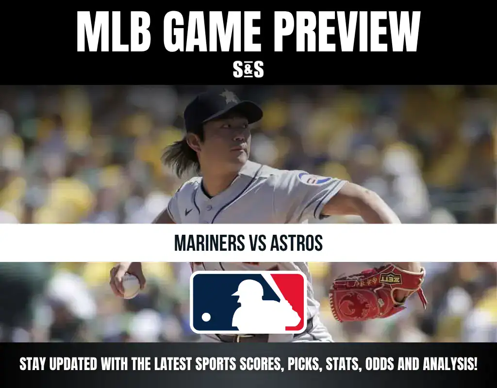 MLB Game Preview featuring a player in a Mariners uniform, with the matchup between the Mariners and Astros.