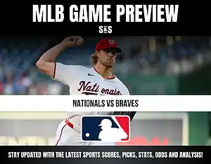 MLB Game Preview featuring Nationals vs Braves with a baseball player in the background.