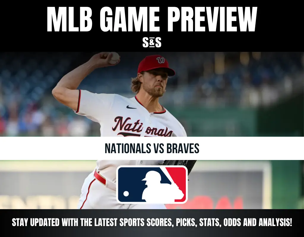 MLB Game Preview featuring Nationals vs Braves with a baseball player in the background.