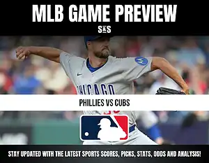 MLB Game Preview featuring the Phillies vs. Cubs, with a player throwing a baseball in the background and the MLB logo at the bottom.