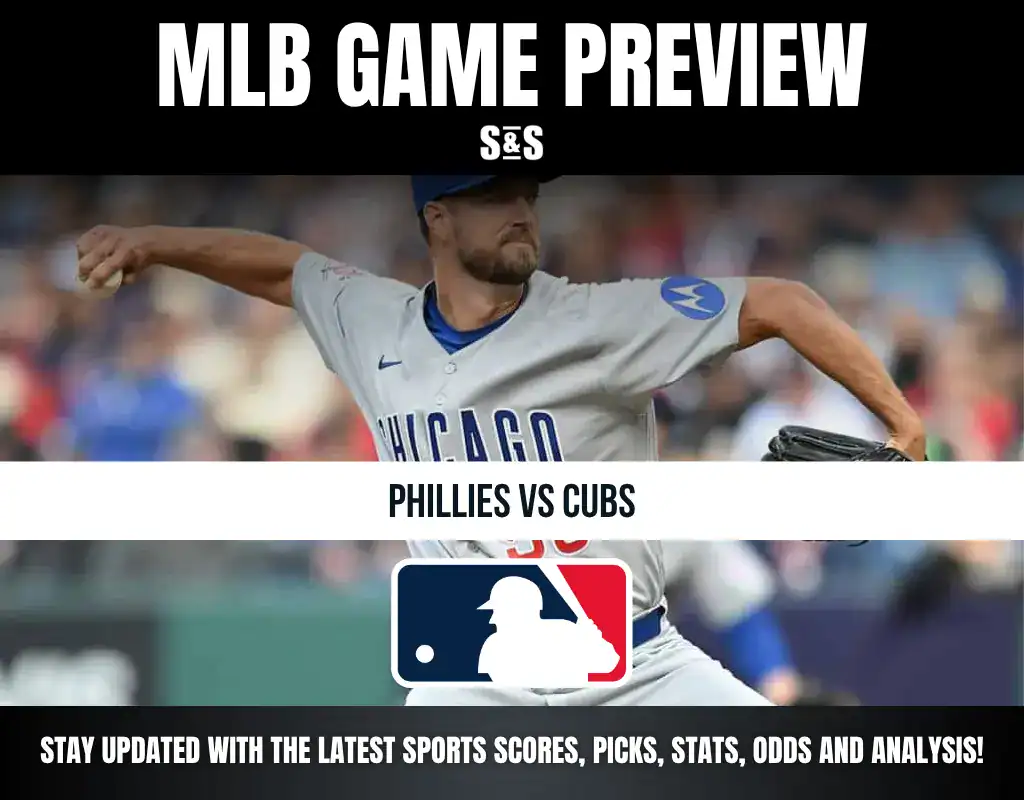 MLB Game Preview featuring the Phillies vs. Cubs, with a player throwing a baseball in the background and the MLB logo at the bottom.