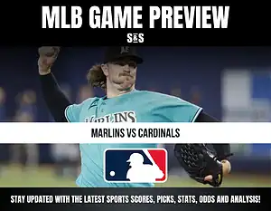 MLB Game Preview featuring Marlins vs Cardinals with a pitcher in action.