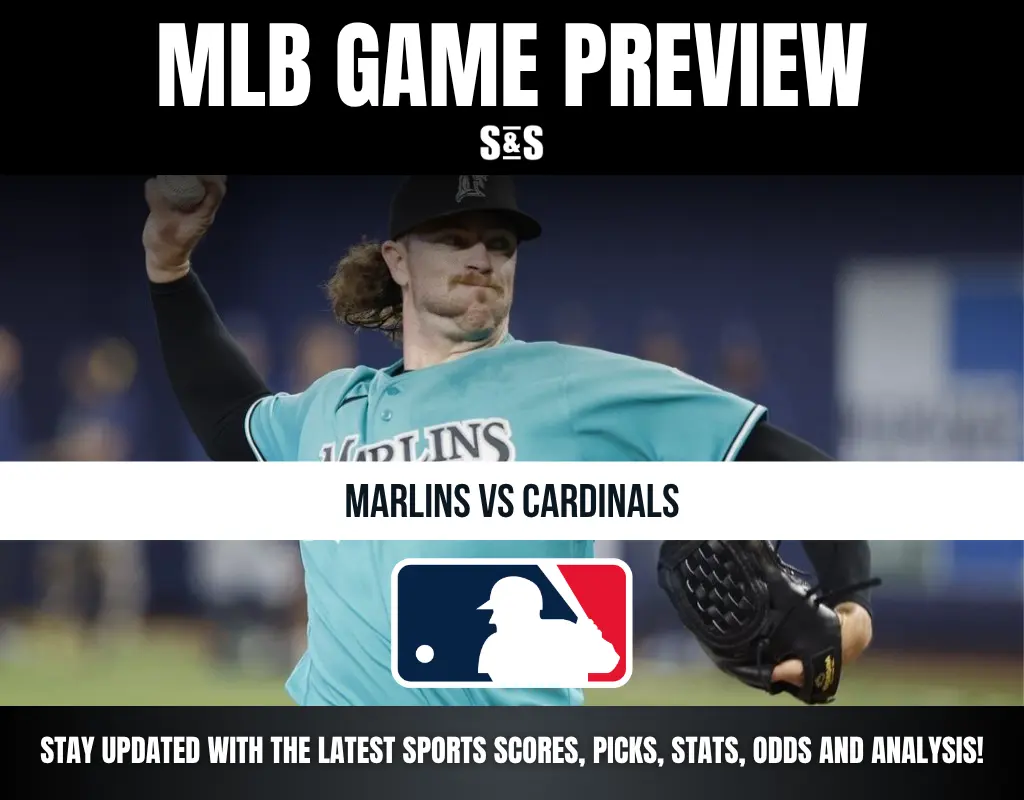 MLB Game Preview featuring Marlins vs Cardinals with a pitcher in action.