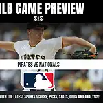 MLB game preview graphic featuring a pitcher from the Pittsburgh Pirates facing off against the Washington Nationals, with a text overlay for updates on sports scores, picks, stats, odds, and analysis.