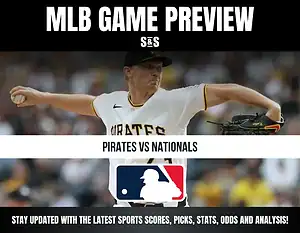 MLB game preview graphic featuring a pitcher from the Pittsburgh Pirates facing off against the Washington Nationals, with a text overlay for updates on sports scores, picks, stats, odds, and analysis.