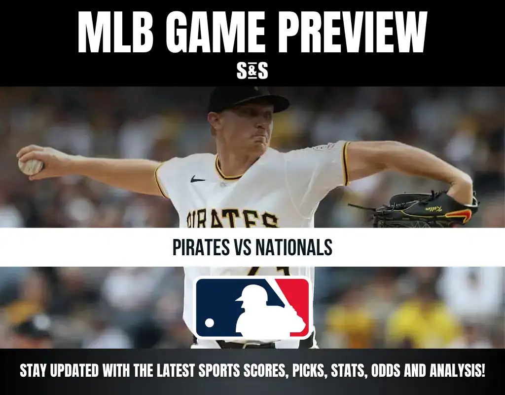 MLB game preview graphic featuring a pitcher from the Pittsburgh Pirates facing off against the Washington Nationals, with a text overlay for updates on sports scores, picks, stats, odds, and analysis.