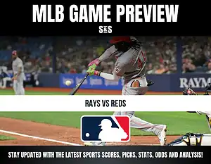 MLB Game Preview featuring Rays vs Reds, with a player from the Cincinnati Reds swinging a bat.