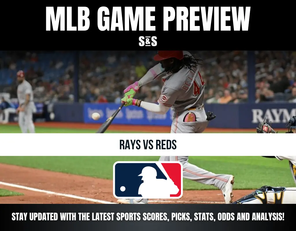 MLB Game Preview featuring Rays vs Reds, with a player from the Cincinnati Reds swinging a bat.