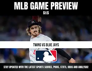 MLB Game Preview featuring the Twins vs. Blue Jays, with a player in a jersey and cap in the background and the MLB logo displayed.