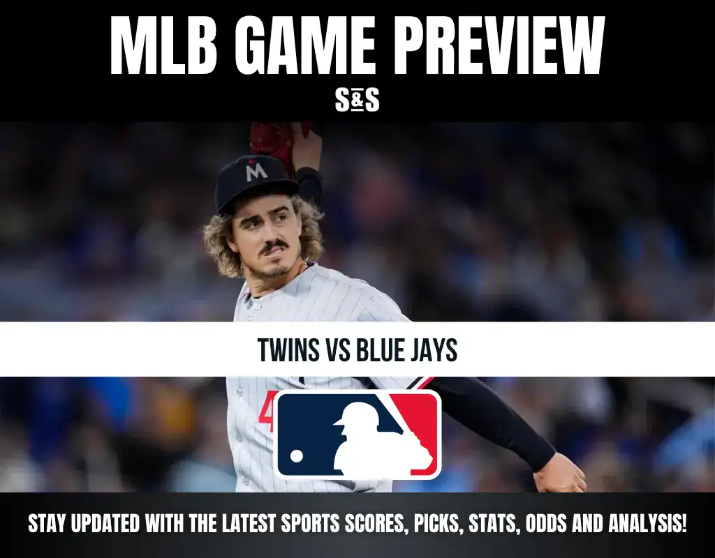 MLB Game Preview featuring the Twins vs. Blue Jays, with a player in a jersey and cap in the background and the MLB logo displayed.
