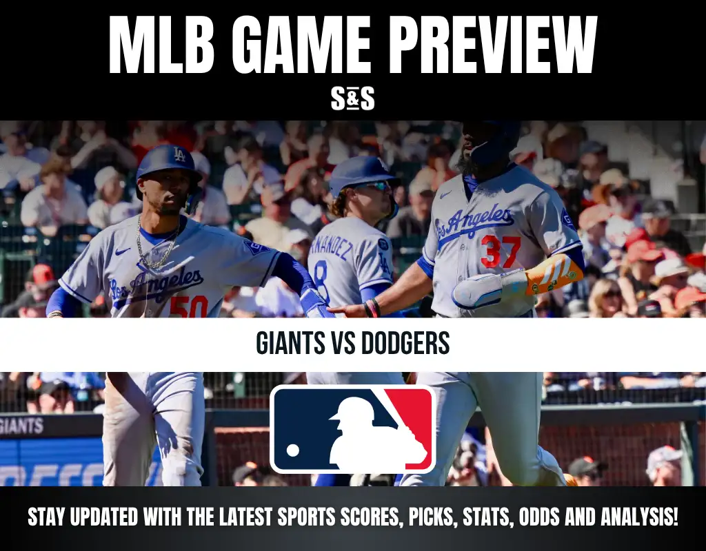 MLB Game Preview featuring the Giants vs Dodgers with images of players in action.