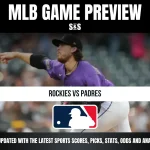 MLB Game Preview featuring Rockies vs Padres, with a pitcher in action.
