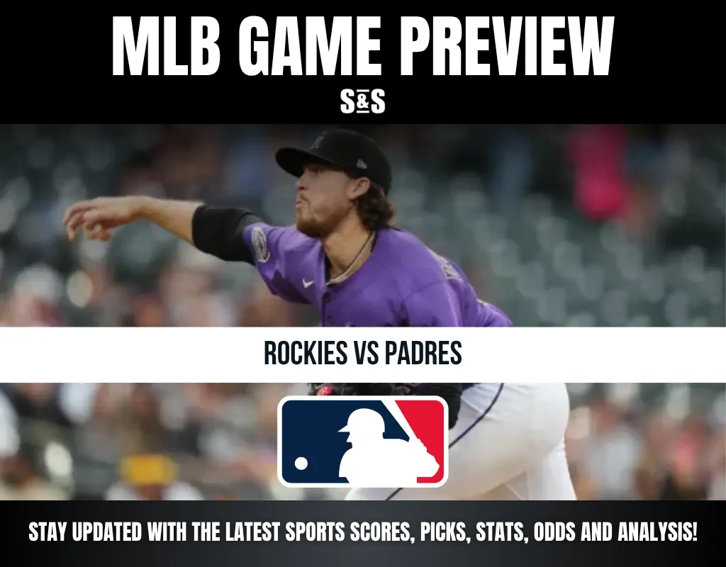 MLB Game Preview featuring Rockies vs Padres, with a pitcher in action.