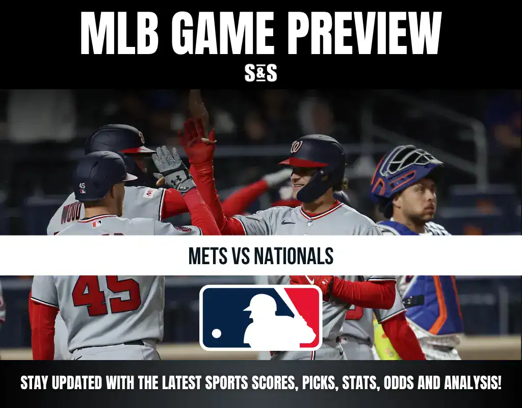 MLB Game Preview graphic featuring the Mets vs. Nationals, with a call to stay updated on sports scores, picks, stats, odds, and analysis.