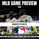 MLB game preview graphic showing a matchup between the Rangers and Pirates, featuring players in full gear and text at the top and bottom providing details about sports updates.