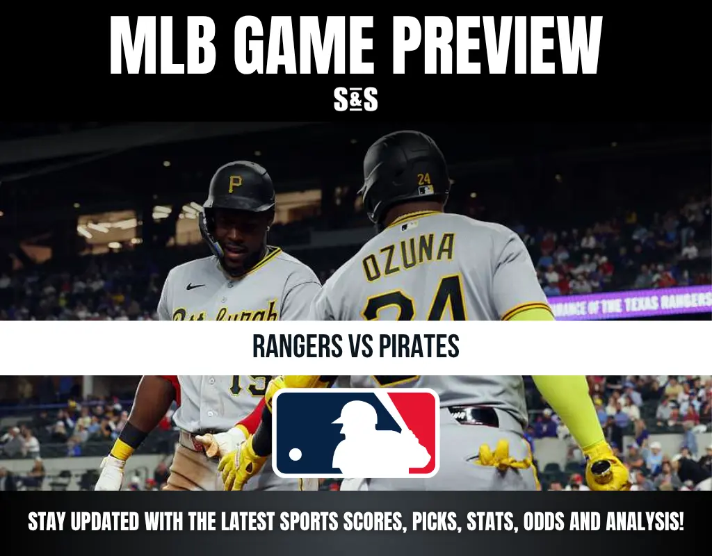 MLB game preview graphic showing a matchup between the Rangers and Pirates, featuring players in full gear and text at the top and bottom providing details about sports updates.