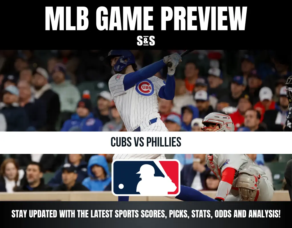 MLB Game Preview with the matchup between Cubs and Phillies, promoting updates on sports scores, picks, stats, odds, and analysis.