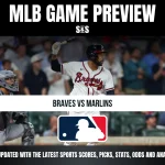 Baseball game preview for Braves vs Marlins featuring players at bat and catcher, with MLB logo and sports update text.