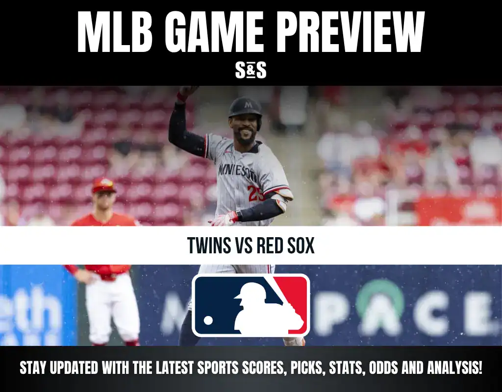 MLB game preview featuring a matchup between the Twins and Red Sox, with graphics for sports updates.