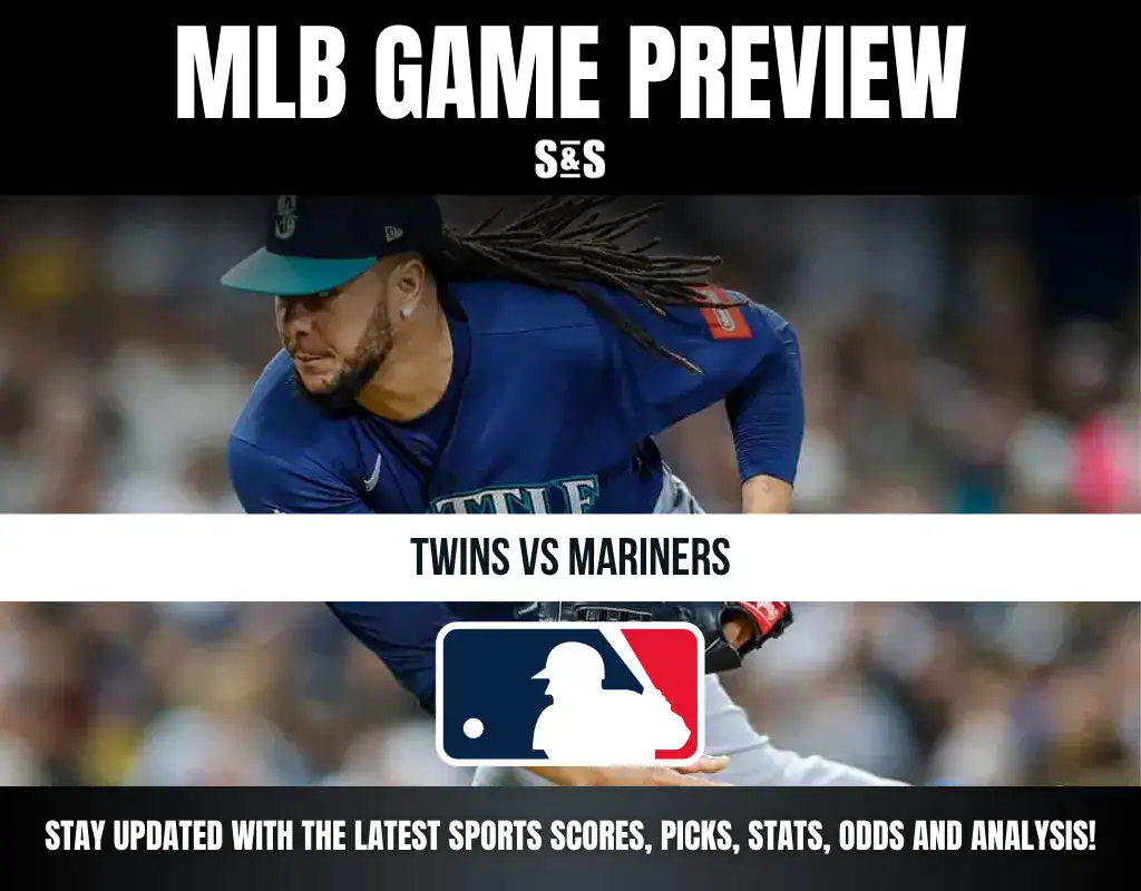 MLB game preview for Twins vs Mariners, featuring a Mariners pitcher in action with MLB logo and sports update text.