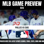 MLB game preview featuring Phillies vs Cubs, showing Cubs players in uniforms meeting on the field with MLB logo and game update text.