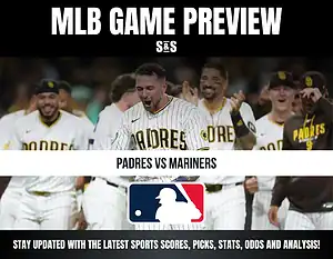 MLB game preview showing San Diego Padres players celebrating, with text highlighting Padres vs Mariners matchup and MLB logo.