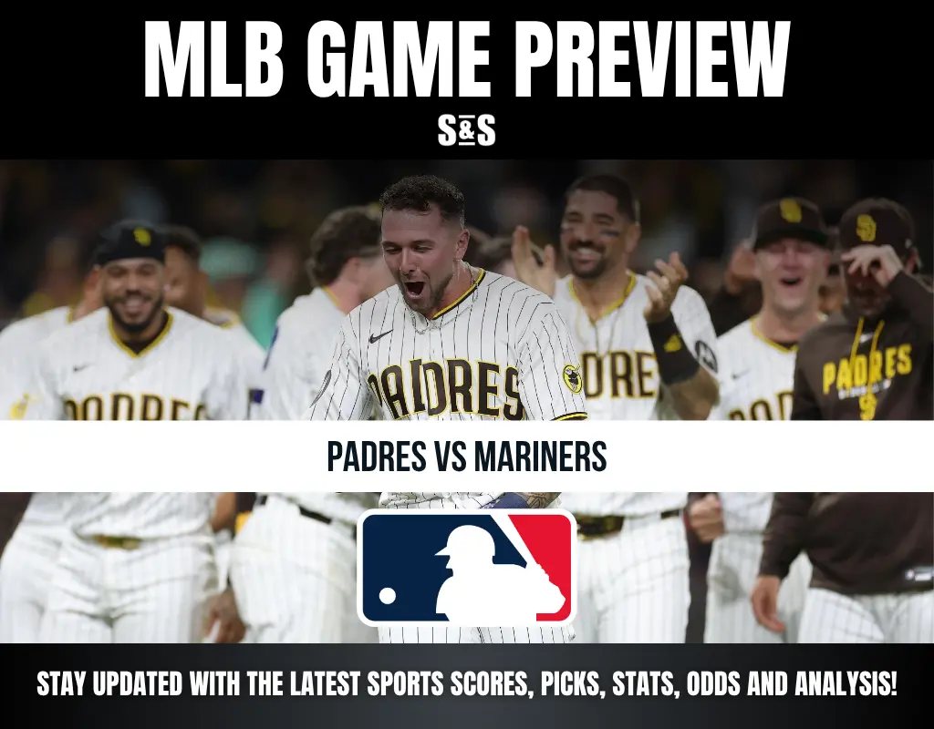MLB game preview showing San Diego Padres players celebrating, with text highlighting Padres vs Mariners matchup and MLB logo.