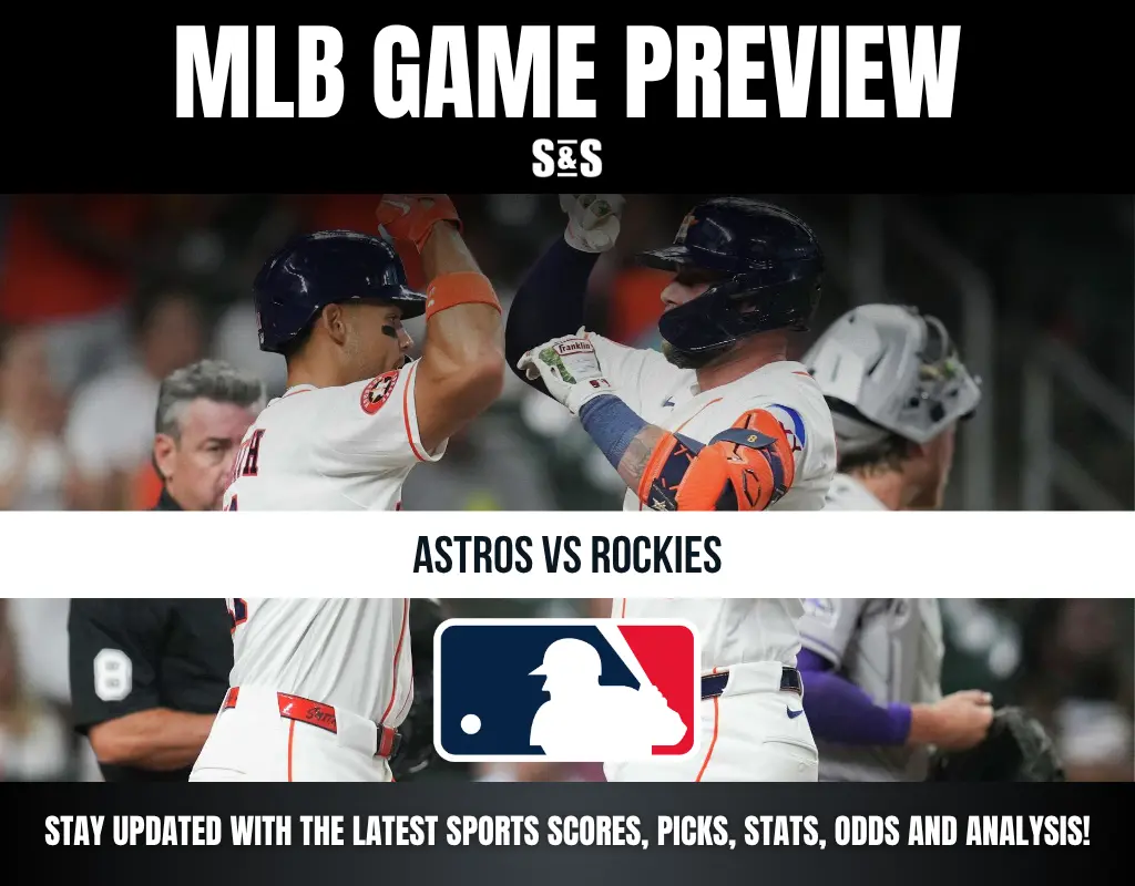 MLB game preview for Astros vs Rockies with players celebrating and the MLB logo, featuring sports scores, picks, stats, odds, and analysis.