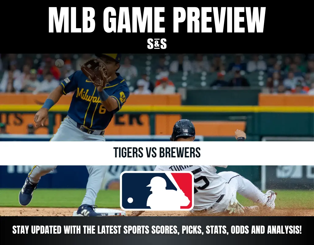 MLB Game Preview for Tigers vs Brewers featuring an action shot of a player sliding into home plate and another player attempting to field the ball.