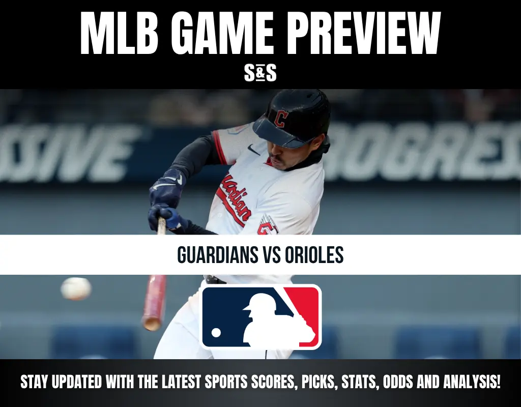 Baseball player in Cleveland Guardians uniform swinging bat with text previewing Guardians vs Orioles MLB game.
