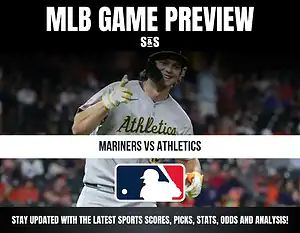 MLB Game Preview featuring Mariners vs Athletics with a player celebrating.