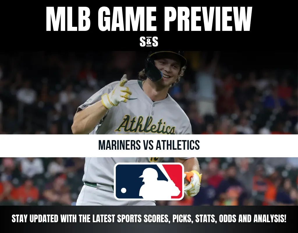MLB Game Preview featuring Mariners vs Athletics with a player celebrating.