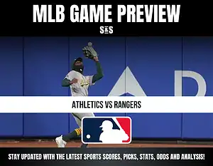 Baseball player in Athletics uniform catching a fly ball in outfield, with text previewing Athletics vs Rangers MLB game.