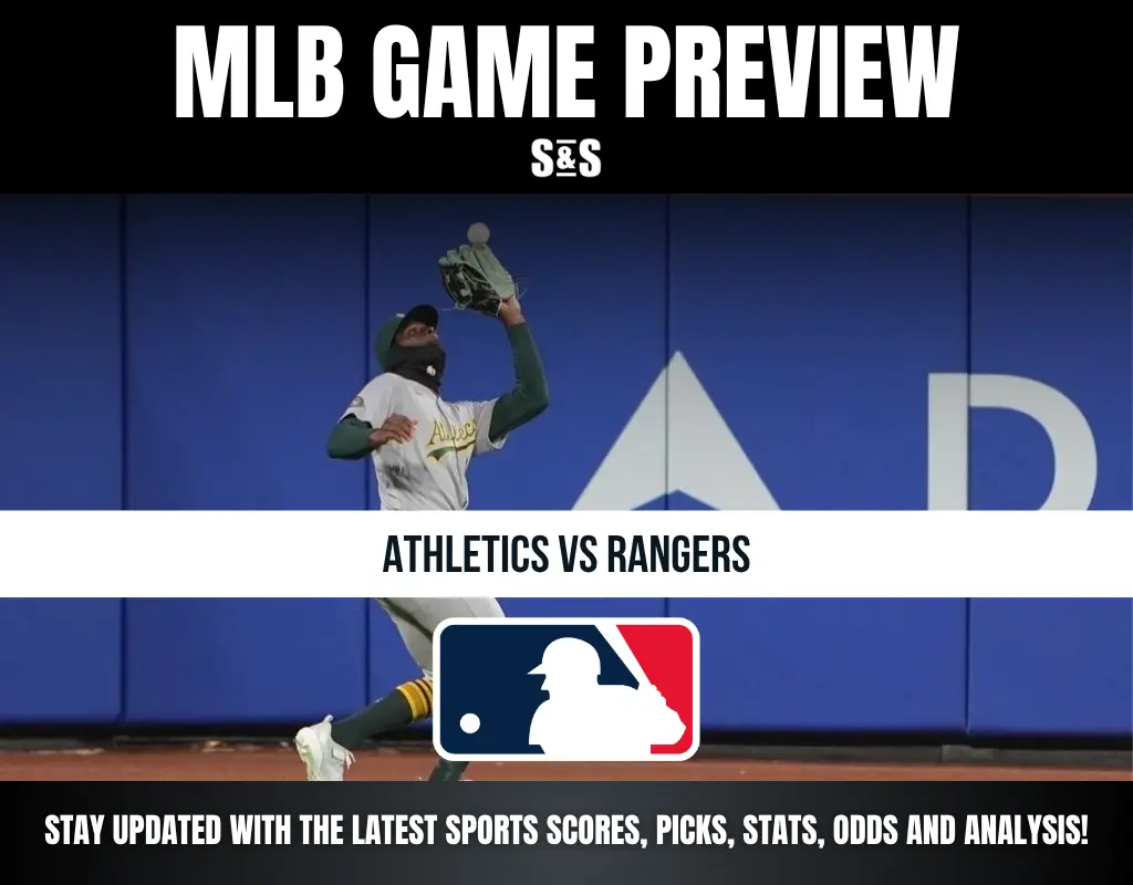 Baseball player in Athletics uniform catching a fly ball in outfield, with text previewing Athletics vs Rangers MLB game.