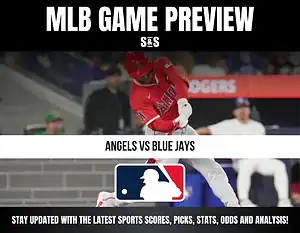 MLB Game Preview featuring a matchup between the Angels and Blue Jays, with a call to stay updated on the latest sports scores, picks, stats, odds, and analysis.