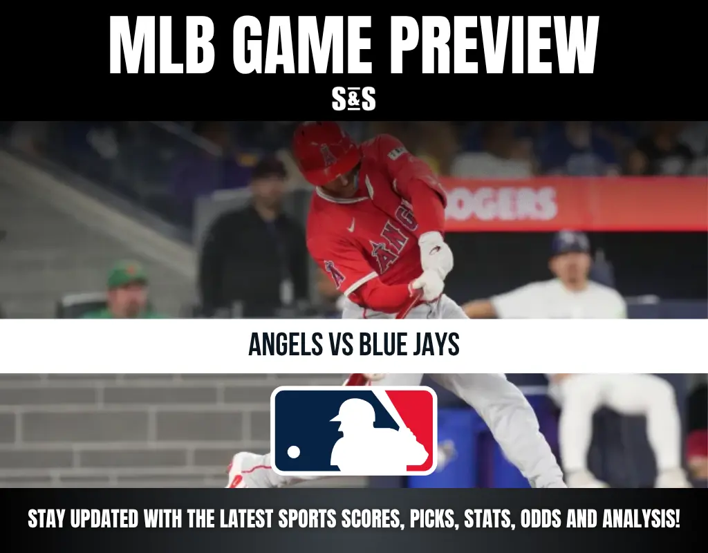 MLB Game Preview featuring a matchup between the Angels and Blue Jays, with a call to stay updated on the latest sports scores, picks, stats, odds, and analysis.