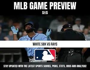 MLB game preview graphic showing a Rays player and umpire, highlighting White Sox vs Rays matchup with MLB logo and sports update text.
