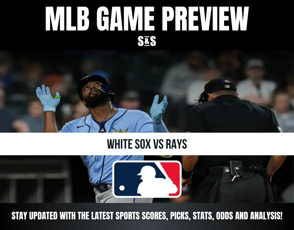 MLB game preview graphic showing a Rays player and umpire, highlighting White Sox vs Rays matchup with MLB logo and sports update text.