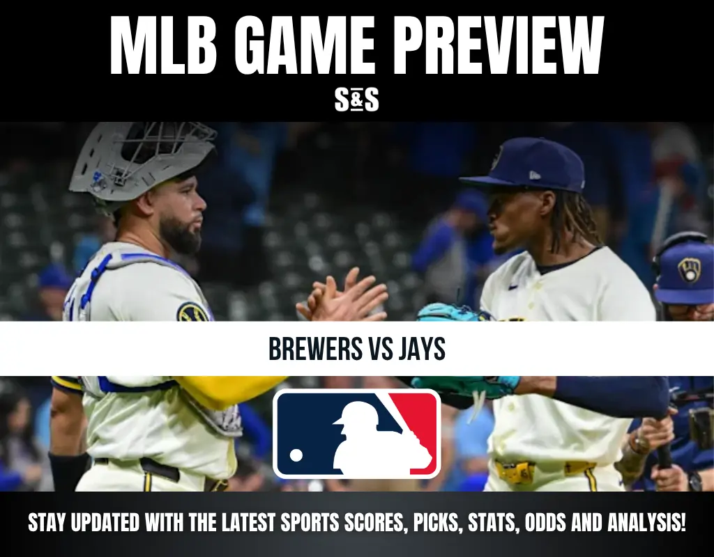MLB game preview featuring Brewers vs Jays, showing players exchanging a handshake on the field with MLB logo and game update text.