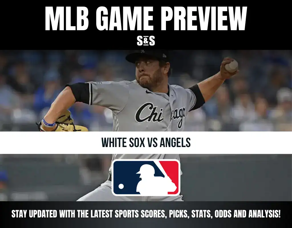 Baseball game preview image showing a Chicago White Sox pitcher throwing, with text "White Sox vs Angels" and MLB logo.