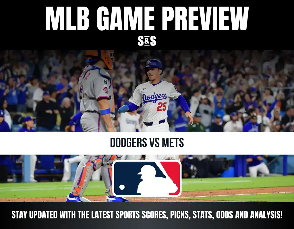 MLB Game Preview featuring Dodgers vs Mets with MLB logo and a call to stay updated on sports scores, picks, stats, odds, and analysis.