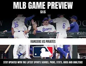 MLB game preview for Rangers vs Pirates with players celebrating and MLB logo in the center.