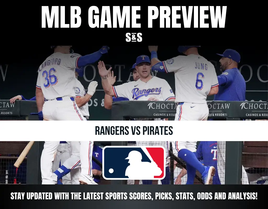 MLB game preview for Rangers vs Pirates with players celebrating and MLB logo in the center.