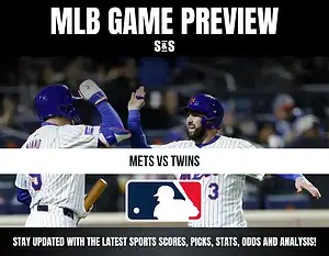 MLB game preview graphic featuring Mets vs Twins with players high-fiving in the background and the MLB logo below.