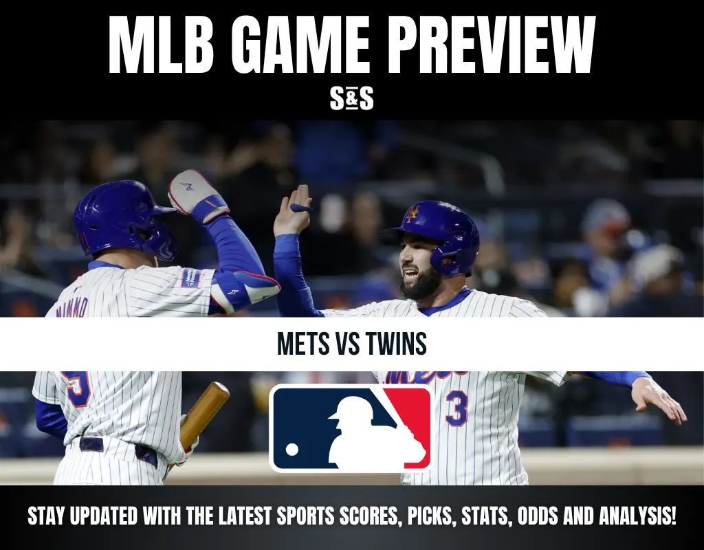 MLB game preview graphic featuring Mets vs Twins with players high-fiving in the background and the MLB logo below.