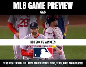 MLB game preview for Red Sox vs Yankees with players on the field, featuring the MLB logo and sports update text.