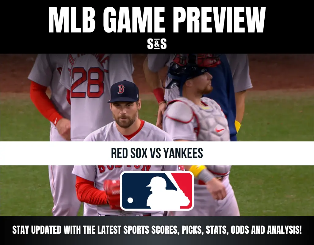 MLB game preview for Red Sox vs Yankees with players on the field, featuring the MLB logo and sports update text.