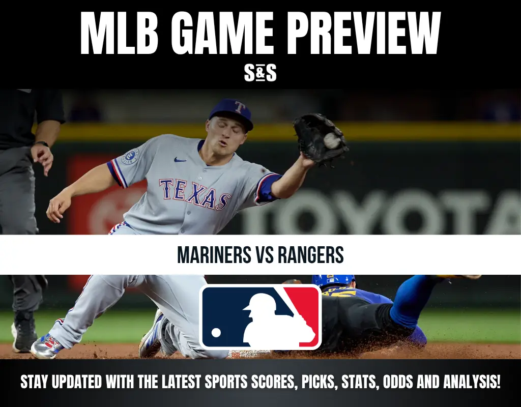 Baseball game preview for Mariners vs Rangers featuring a Texas player catching a ball during a play at the base.